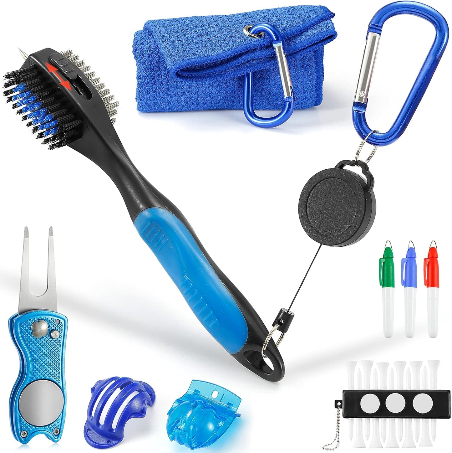 Accessories Set - PRO Retractable Club Brush, Microfiber Waffle Pattern Towel, Divot Repair Tool, Club Cleaning Kit