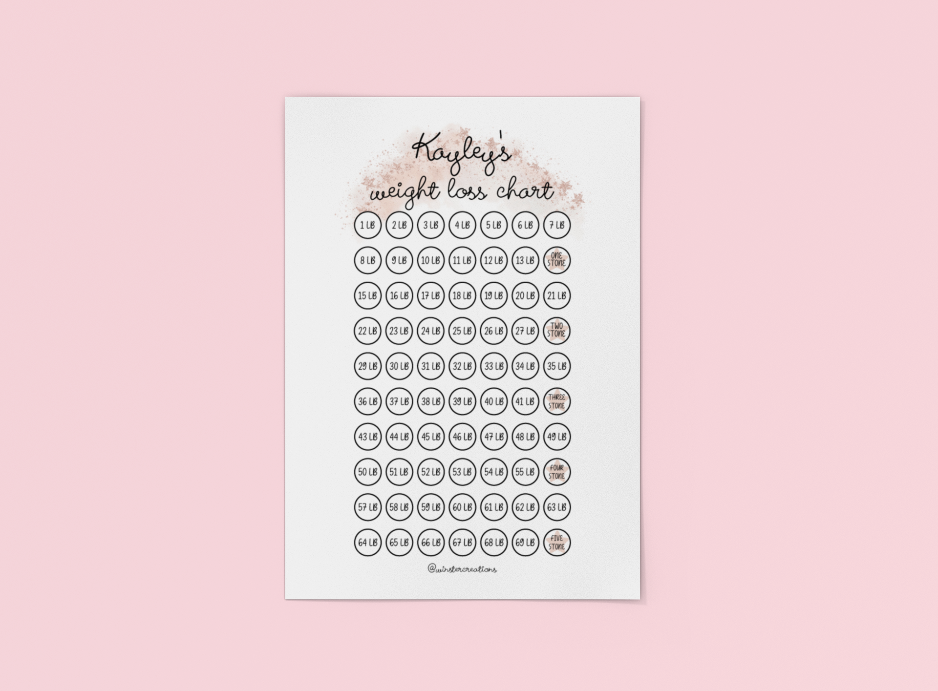 Personalised A4 Name Rose Gold Weight Loss Chart Tracker Print - st. lb Units - Laminated With Stars-1